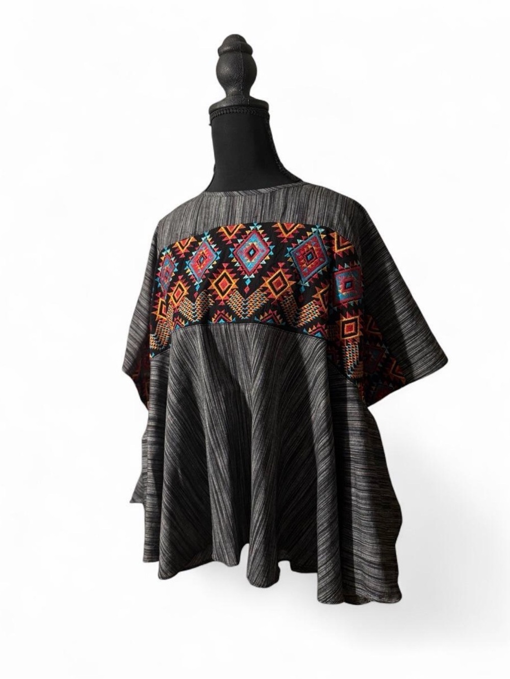 Savanna Jane Black & Gray Swing Poncho with Colorful Embroidered Band